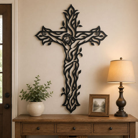 Jesus Cross Laser SVG | Christian Metal Wall Art File | Vine Style Crucifix DXF Png Eps | Plasma CNC Laser Cut Religious Decor SVG HappyDesignStudio 