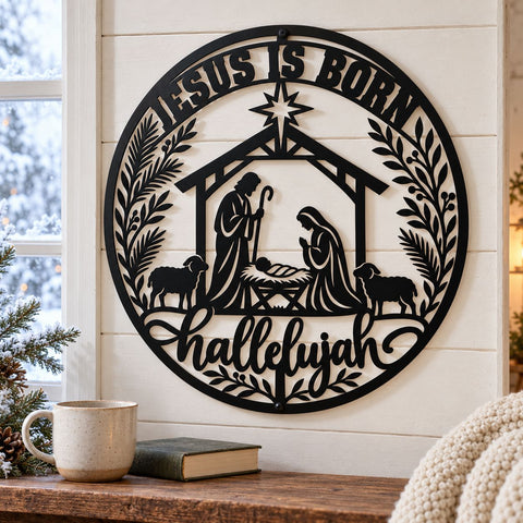 Jesus Is Born Nativity Laser SVG | Christian Christmas DXF | Holy Family Metal Wall Art | Hallelujah Plasma CNC Cutting File SVG HappyDesignStudio 