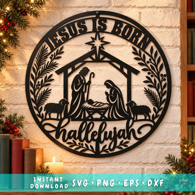 Jesus Is Born Nativity Laser SVG | Christian Christmas DXF | Holy Family Metal Wall Art | Hallelujah Plasma CNC Cutting File SVG HappyDesignStudio 