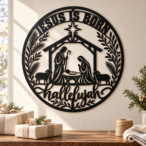 Jesus Is Born Nativity Laser SVG | Christian Christmas DXF | Holy Family Metal Wall Art | Hallelujah Plasma CNC Cutting File SVG HappyDesignStudio 
