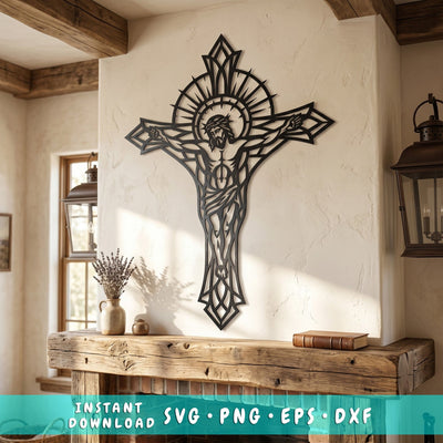 Jesus on Cross Laser SVG | Christian Wall Art DXF | Crucifix Metal Art File | Religious Plasma CNC Cut Design | Laser Cut Svg Png Eps Dxf SVG HappyDesignStudio 