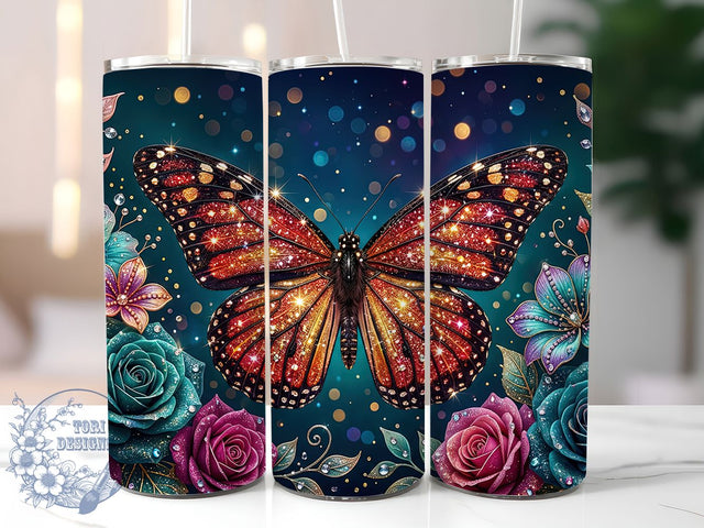 Jewel Butterfly Roses 20oz Tumbler, Butterfly Motif, Rose Floral, Jewel Design, Elegant Charm, Whimsical Touch, 20oz Wrap, Sublimation Tumbler Sublimation ToriDesigns 