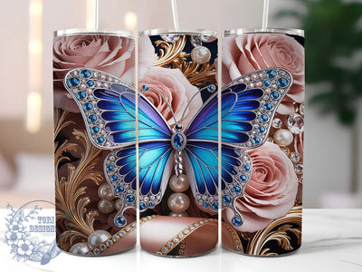 Jewel Butterfly Roses 20oz Tumbler, Butterfly Roses, Jewel Style, Floral Theme, Sublimation Wrap, 20oz Tumbler, Elegant Aesthetic, Enchanted Design Sublimation ToriDesigns 