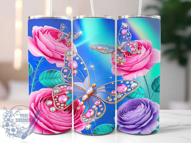 Jewel Floral Butterfly Tumbler, Floral Butterfly Design, Butterfly Tumbler Art, 20Oz Sublimation Wrap, Jewel Tone Print, Elegant Floral Theme, Tumbler Sublimation Sublimation ToriDesigns 