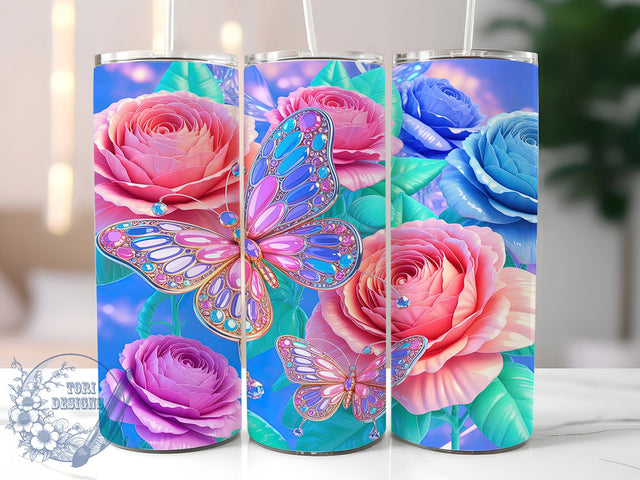 Jewel Floral Butterfly Tumbler, Floral Butterfly Design, Butterfly Tumbler Art, 20Oz Sublimation Wrap, Jewel Tone Print, Elegant Floral Theme, Tumbler Sublimation Sublimation ToriDesigns 