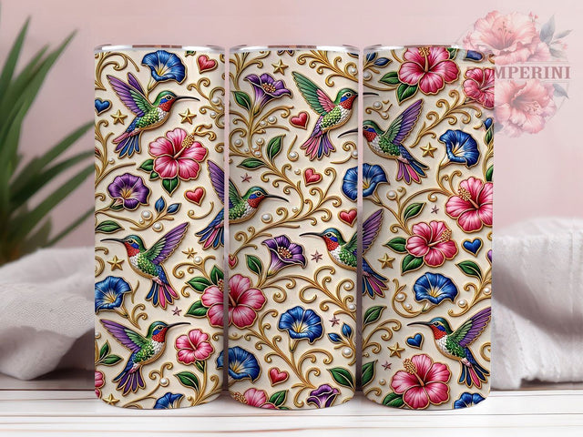 Jewel Hummingbird Bloom 20oz Tumbler, Jewel Motif, Hummingbird Theme, Bloom Design, Whimsical Style, Elegant Charm, Skinny Tumbler, Sublimation PNG Sublimation Li Zamperini 
