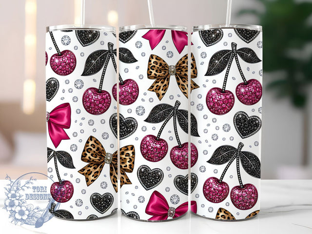 Jewel Pink Cherry Bow 20oz Tumbler, Jewel Pink Cherry Bow, 20oz Tumbler Wrap, Sublimation Design, Cute Fruit Art, Digital Download, Tumbler PNG, Jewel Cherry Bow Wrap Sublimation ToriDesigns 