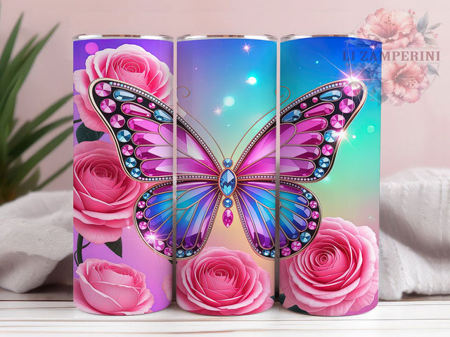 Jewel Rose Butterfly Tumbler, Rose Tumbler, Butterfly Wrap, Floral Sublimation, Elegant Tumbler Design, Jewel Rose, Butterfly Floral Sublimation Li Zamperini 