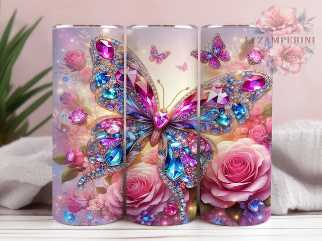 Jewel Rose Butterfly Tumbler, Rose Tumbler, Butterfly Wrap, Floral Sublimation, Elegant Tumbler Design, Jewel Rose, Butterfly Floral Sublimation Li Zamperini 