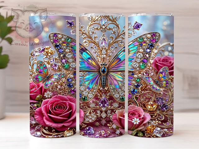 Jeweled Butterfly 20oz Tumbler, Butterfly Motif, Jeweled Design, Elegant Style, Whimsical Charm, Luxury Aesthetic, 20oz Wrap, Sublimation Tumbler Sublimation Lara' s Designs 