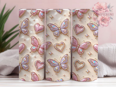 Jeweled Butterfly Hearts 20oz Tumbler, Butterfly Design, Jeweled Motif, Heart Theme, Romantic Style, Whimsical Charm, 20oz Wrap, Sublimation Tumbler Sublimation Li Zamperini 