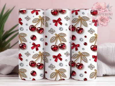 Jeweled Cherries 20oz Tumbler, Jeweled cherries design, Cherry tumbler wrap, 20oz skinny tumbler, Sparkly cherry print, Sublimation tumbler wrap, Gemstone cherry design Sublimation Li Zamperini 