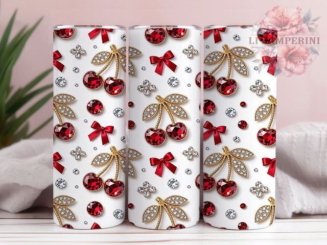 Jeweled Cherries 20oz Tumbler, Jeweled cherries design, Cherry tumbler wrap, 20oz skinny tumbler, Sparkly cherry print, Sublimation tumbler wrap, Gemstone cherry design Sublimation Li Zamperini 