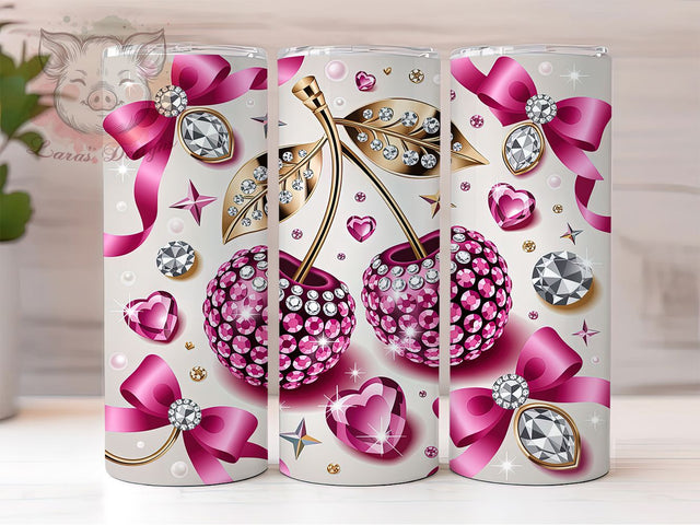 Jeweled Cherries Sparkling Glam 20oz Tumbler, Luxury Design, Sparkling Diamonds, Magenta Rhinestones, Glamorous Style, 20oz Tumbler Wrap, Sublimation PNG Sublimation Lara' s Designs 