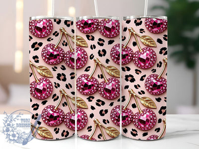 Jeweled Cherry Leopard 20oz Tumbler, Jeweled Cherry, Leopard Print, Bold Design, Glam Style, Whimsical Charm, 20oz Wrap, Sublimation Tumbler Sublimation ToriDesigns 