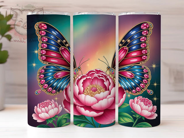Jeweled Floral Butterfly Tumbler, Floral Wrap, Colorful Design, Sublimation Art, 20oz Tumbler, Nature Theme, Elegant Style Sublimation Lara' s Designs 