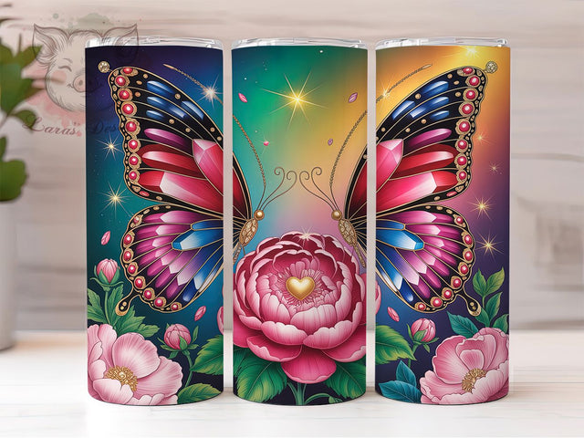 Jeweled Floral Butterfly Tumbler, Floral Wrap, Colorful Design, Sublimation Art, 20oz Tumbler, Nature Theme, Elegant Style Sublimation Lara' s Designs 