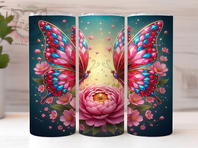 Jeweled Floral Butterfly Tumbler, Floral Wrap, Colorful Design, Sublimation Art, 20oz Tumbler, Nature Theme, Elegant Style Sublimation Lara' s Designs 