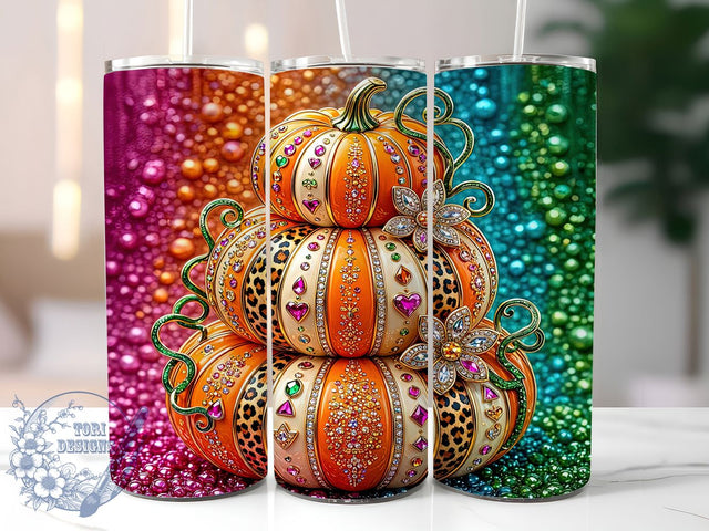 Jeweled Leopard Pumpkins 20oz Tumbler, Pumpkin Motif, Leopard Print, Jewel Design, Whimsical Style, Festive Charm, 20oz Wrap, Sublimation Tumbler Sublimation ToriDesigns 