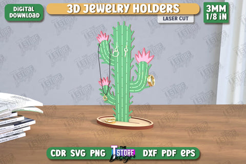 Jewelry Display Laser Cut Bundle | Cactus Jewelry Stand | Earrings Stand | Jewelry Holder | CNC Files SVG The T Store Design 