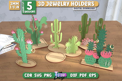 Jewelry Display Laser Cut Bundle | Cactus Jewelry Stand | Earrings Stand | Jewelry Holder | CNC Files SVG The T Store Design 