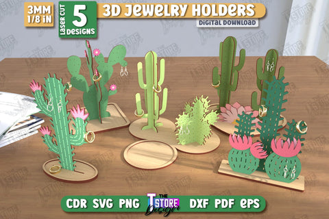 Jewelry Display Laser Cut Bundle | Cactus Jewelry Stand | Earrings Stand | Jewelry Holder | CNC Files SVG The T Store Design 