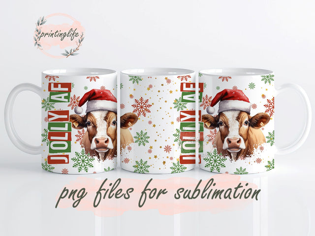 Jolly AF Design, Digital Download, Jolly AF Wrap Sublimation, Christmas Cow Tumbler Wrap Png 11oz, Christmas animal mug, dairy cow mug, Christmas dairy decor Sublimation PrintingLife 