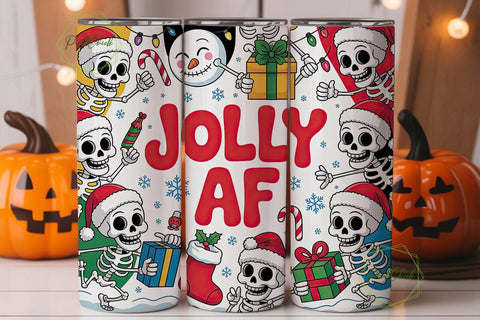 Jolly AF Skeleton Christmas Tumbler Wrap Sublimation PixelChick 