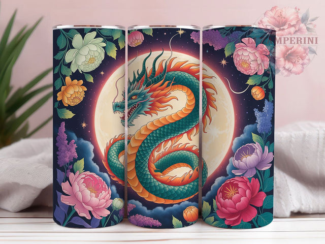 Joyful Floral Fantasy Dragon Tumbler, Floral Fantasy Dragon Wrap, 20oz Tumbler Sublimation, Whimsical Dragon Design, Happy Dragon Art, Mythical Flower Creature, Wraparound Fantasy Dragon Sublimation Li Zamperini 