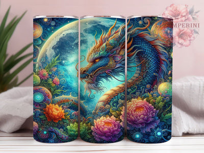 Joyful Floral Fantasy Dragon Tumbler, Floral Fantasy Dragon Wrap, 20oz Tumbler Sublimation, Whimsical Dragon Design, Happy Dragon Art, Mythical Flower Creature, Wraparound Fantasy Dragon Sublimation Li Zamperini 