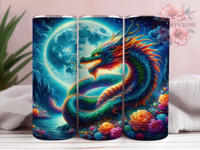 Joyful Floral Fantasy Dragon Tumbler, Floral Fantasy Dragon Wrap, 20oz Tumbler Sublimation, Whimsical Dragon Design, Happy Dragon Art, Mythical Flower Creature, Wraparound Fantasy Dragon Sublimation Li Zamperini 
