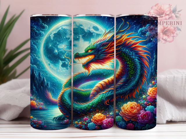 Joyful Floral Fantasy Dragon Tumbler, Floral Fantasy Dragon Wrap, 20oz Tumbler Sublimation, Whimsical Dragon Design, Happy Dragon Art, Mythical Flower Creature, Wraparound Fantasy Dragon Sublimation Li Zamperini 