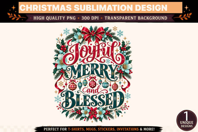 Joyful Merry and Blessed Christmas PNG, Christian Christmas Sublimation Design, Holiday Shirt Graphic Sublimation BlackCatsMedia 