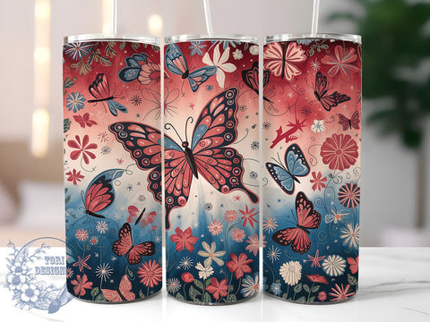 July 4th Butterflies 20oz Skinny Tumbler PNG, Red White Blue Country Tumbler Sublimation Wrap, Straight & Tapered Tumbler Wrap, Instant Digital Download Sublimation ToriDesigns 
