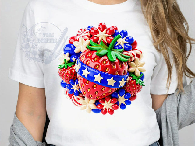 July 4th Strawberry T-Shirt PNG, July 4th, Patriotic Style, Red White Blue, Summer Fashion, Sublimation PNG, Statement Shirt, Holiday Apparel Sublimation ToriDesigns 