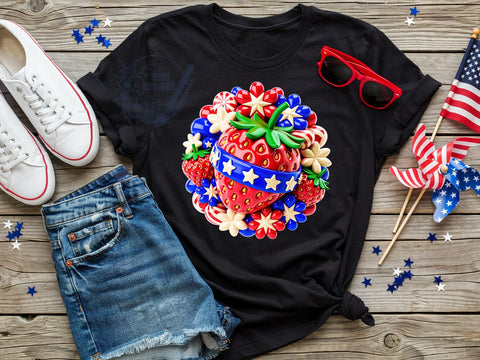 July 4th Strawberry T-Shirt PNG, July 4th, Patriotic Style, Red White Blue, Summer Fashion, Sublimation PNG, Statement Shirt, Holiday Apparel Sublimation ToriDesigns 
