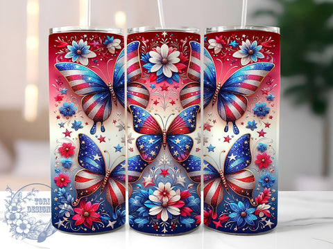 July 4th Tumbler Wrap, Patriotic Design, 20oz Sublimation Tumbler, Independence Day Gift, Butterfly Decor, American Flag Drinkware, Summer Party Tumbler, USA Pride Gift Sublimation ToriDesigns 