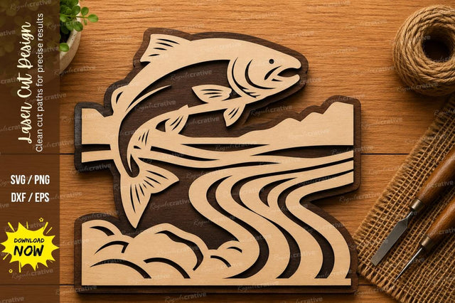 Jumping Fish River SVG | Fishing Laser Cut File | Glowforge CNC DXF PNG EPS SVG Regulrcrative 