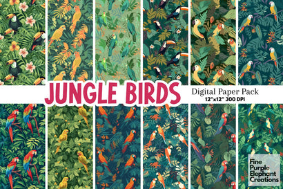Jungle Birds Digital Paper | Vibrant Tropical Plant Scrapbook Digital Pattern Fine Purple Elephant Creations 