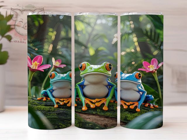 Jungle Frogs Design 20oz Tumbler, Stylized Frogs, Green Frog, Blue Frogs, Mossy Log, Skinny Tumbler, Sublimation PNG Sublimation Lara' s Designs 