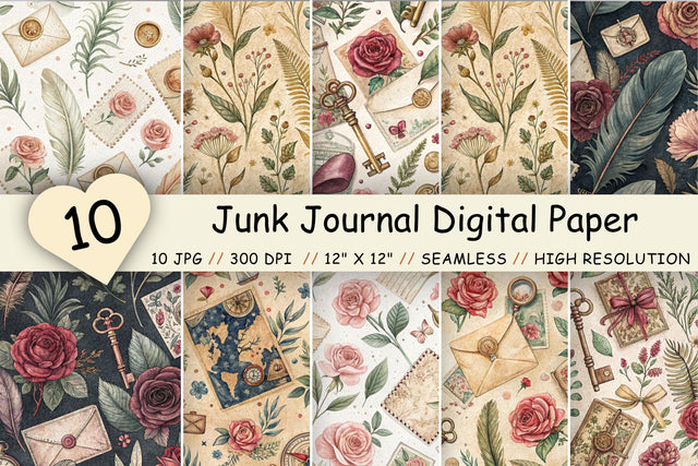 Junk Journal Digital Paper Pack, Seamless Watercolor Pattern Bundle, Printable Scrapbook Paper, Vintage Ephemera Design Collection Digital Pattern FloridPrintables 