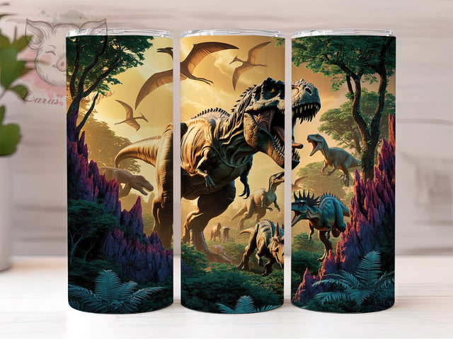 Jurassic Dinosaur Scene 20oz Tumbler, Prehistoric Landscape, Dinosaur Scene, Lush Environment, Ancient Wildlife, 20oz Tumbler Wrap, Sublimation PNG Sublimation Lara' s Designs 