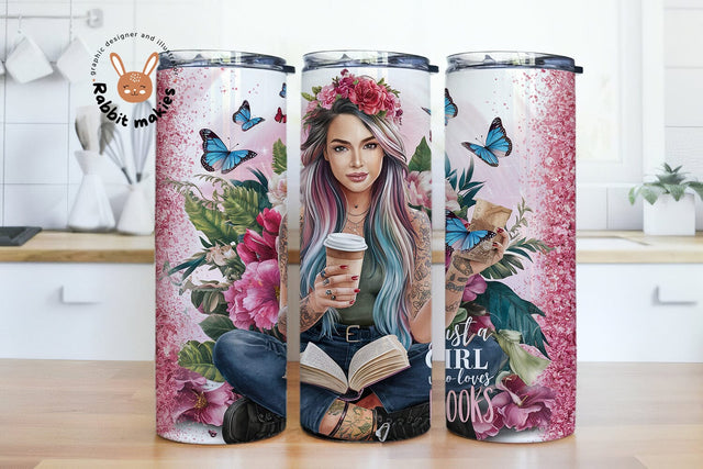Just A Girl Who Loves Books Tumbler Png, 20oz Skinny Tumbler Wrap, Book worm Gift png, Sublimation Design Tumbler, Instant Digital Downloads Sublimation Rabbitmakies 