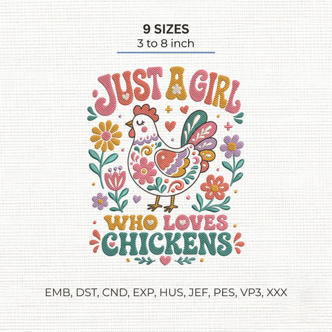 Just a Girl Who Loves Chickens Embroidery Design – Floral Chicken Farmhouse Machine Embroidery File Embroidery/Applique DESIGNS PatternFeed8 