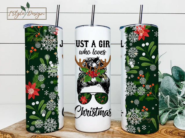 Just A Girl Who Loves Christmas, 20oz Skinny Tumbler Christmas Sublimation Designs, Straight 20 oz Tumbler Template, Tumbler Wrap PNG Sublimation iStyleDesign 