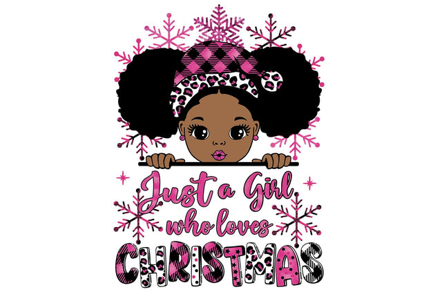 Just a Girl Who Loves Christmas PNG Clipart with Afro Puffs and Pink Snowflakes for Sublimation Holiday Shirts and Winter Crafts SVG 1uniqueminute 