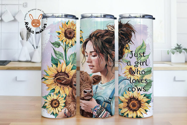 Just A Girl Who Loves Cows Tumbler Wrap Cool Girl and Highland Cow Sunflowers Sublimation 20 Oz Straight Skinny Tumbler PNG Design Sublimation Rabbitmakies 