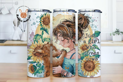 Just A Girl Who Loves Cows Tumbler Wrap Cool Girl and Highland Cow Sunflowers Sublimation 20 Oz Straight Skinny Tumbler PNG Design Sublimation Rabbitmakies 