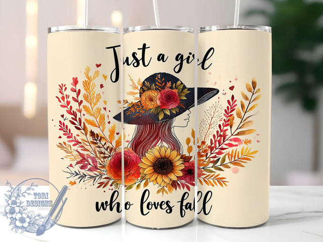 Just A Girl Who Loves Fall 20oz Skinny Tumbler, Thanksgiving Tumbler Png, Straight & Tapered Tumbler Wrap, Instant Digital Download Sublimation ToriDesigns 