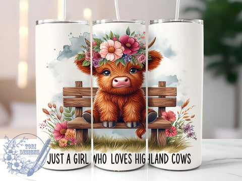 Just A Girl Who Loves Highland Cow 20oz Skinny Tumbler PNG, Highland Cow Tumbler Sublimation Wrap, Straight & Tapered Tumbler Wrap, Instant Digital Download Sublimation ToriDesigns 
